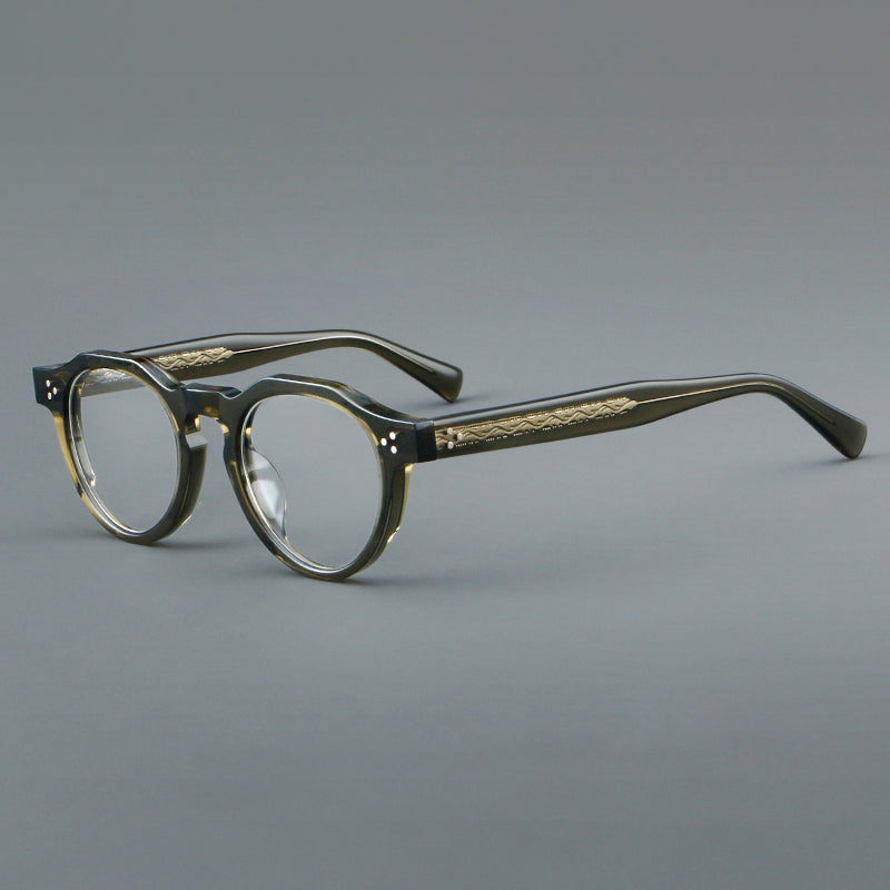 Montura de gafas vintage redondas de acetato con puente de cerradura y detalle de tres remaches
