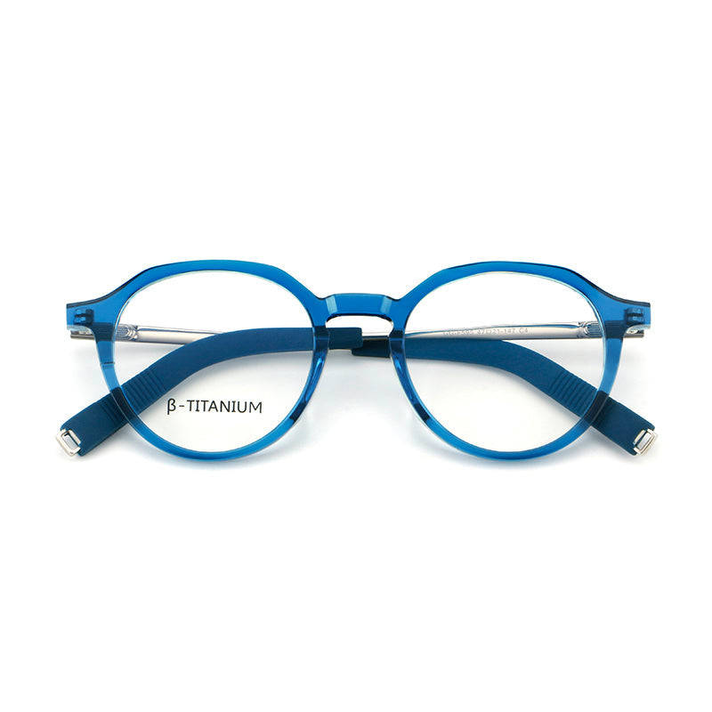 Monturas de gafas redondas de aleación de titanio con borde superior esculpido y puente metálico