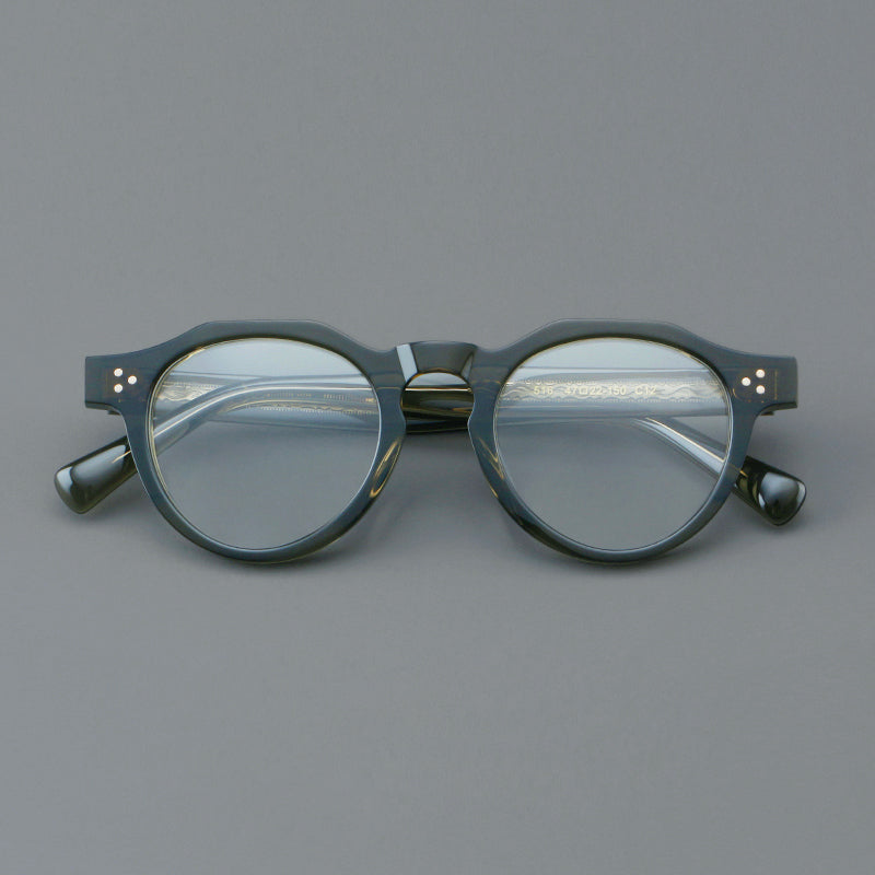 Monturas de gafas redondas retro de acetato con puente de cerradura elevado y remaches en las esquinas