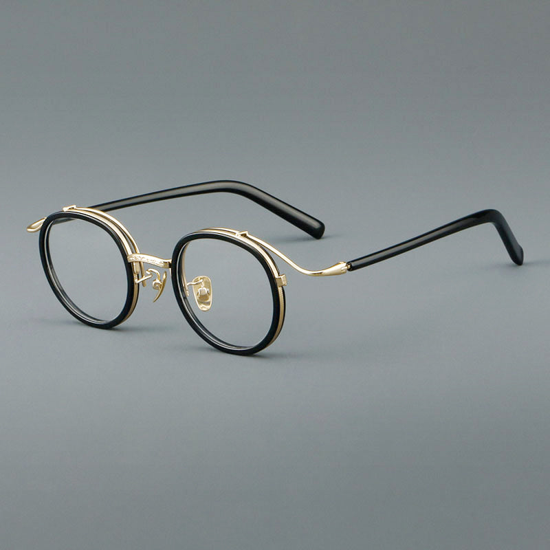 Montura de gafas redondas retro de acetato con puente de metal fino y detalles laterales