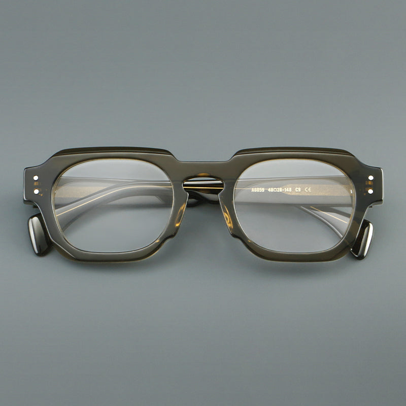 Monturas de gafas retro cuadradas de acetato con bordes gruesos esculpidos y remaches en las esquinas