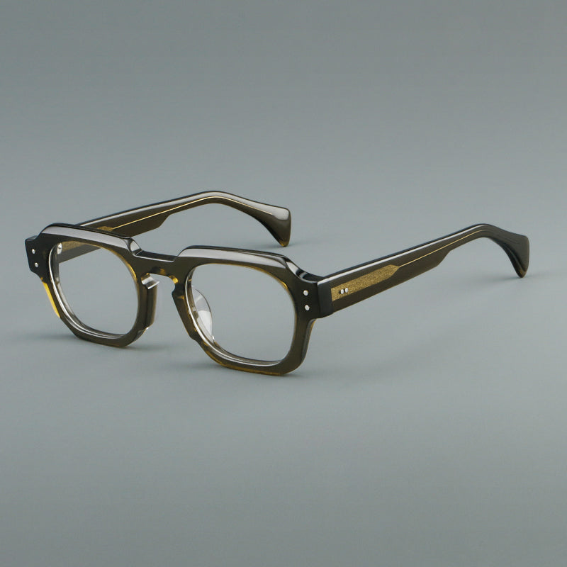 Monturas de gafas retro cuadradas de acetato con bordes gruesos esculpidos y remaches en las esquinas