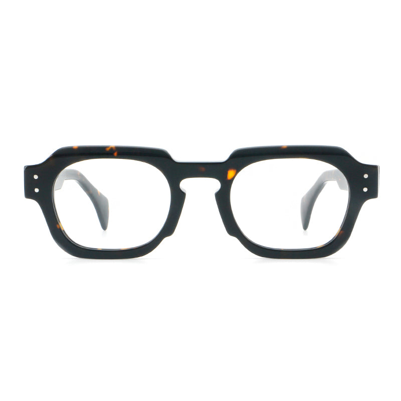 Monturas de gafas retro cuadradas de acetato con bordes gruesos esculpidos y remaches en las esquinas
