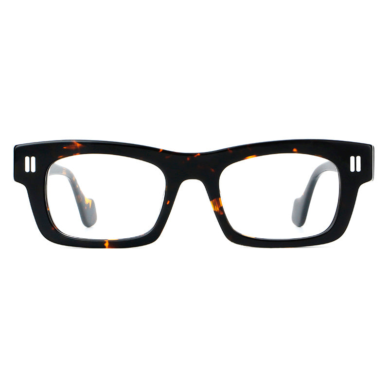 Monturas de gafas retro rectangulares de acetato con cejas gruesas y detalles de doble barra en las esquinas