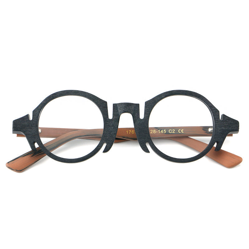 Montura de gafas redondas de acetato con efecto de madera, frente esculpido y patillas moldeadas