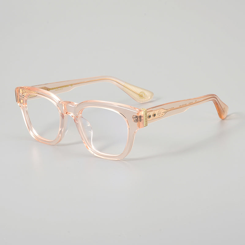 Monturas de gafas rectangulares de acetato y titanio con esquinas redondeadas y detalles estampados en las varillas