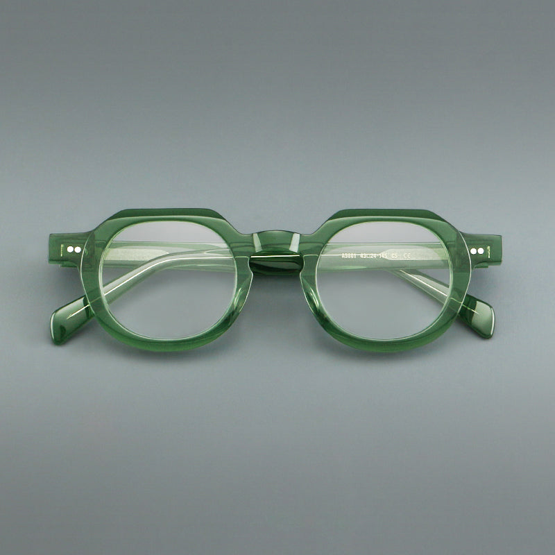 Monturas de gafas vintage redondas de acetato, puente de cerradura profundo y detalles de remaches sutiles