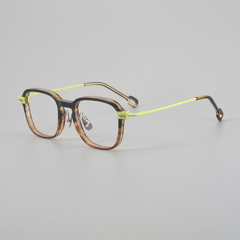 Monturas de gafas retro cuadradas de titanio con aros completos redondeados y patillas detalladas