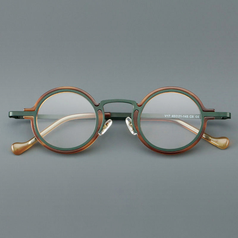 Monturas de gafas redondas de acetato hechas a mano con bordes circulares superpuestos y puente esculpido