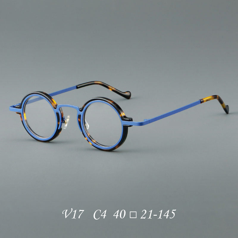 Monturas de gafas redondas de acetato hechas a mano con bordes circulares superpuestos y puente esculpido