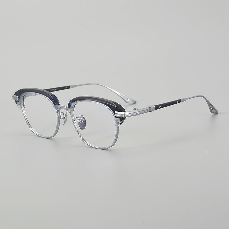 Monturas de gafas retro Browline de titanio con aros rectangulares redondeados y marco inferior de metal