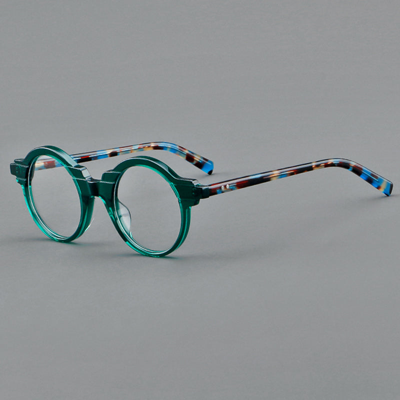 Monturas de gafas redondas vintage de acetato con aros completos circulares y varillas contorneadas