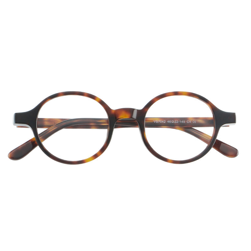 Monturas de gafas redondas minimalistas de acetato, bordes completos lisos y líneas de patillas limpias