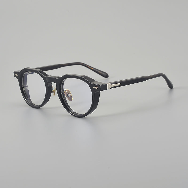 Monturas de gafas redondas de acetato con esquinas superiores definidas y almohadillas nasales