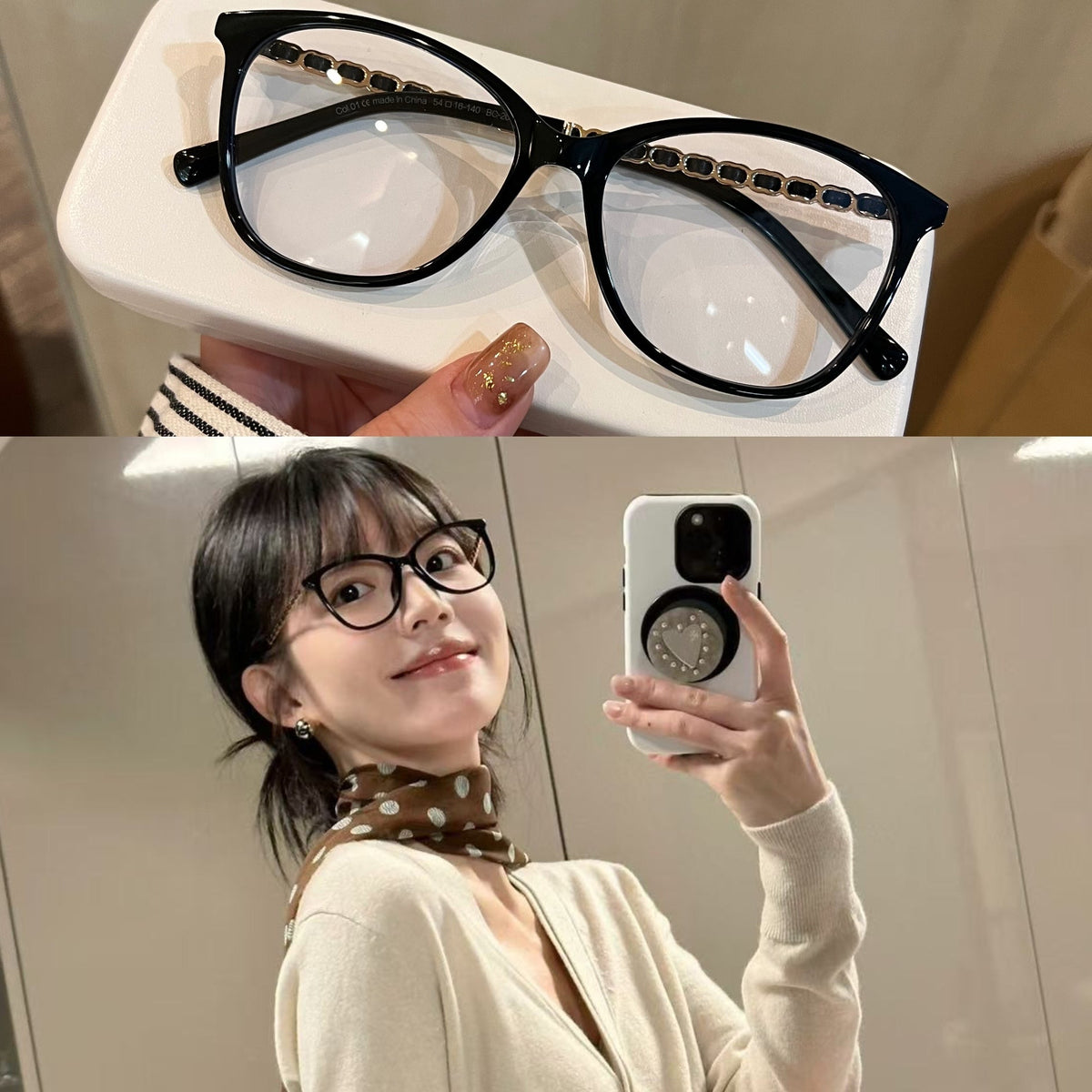 Monturas de gafas ojo de gato con detalles de cadena en las varillas, en negro o carey