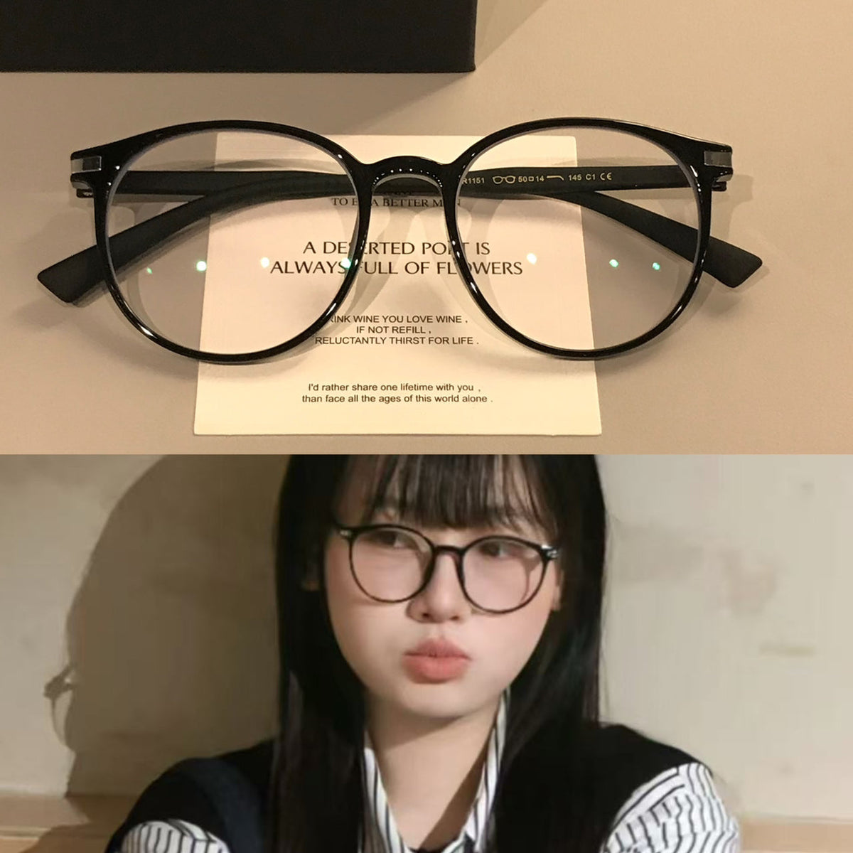 Montura de gafas cuadrada y redondeada para mujer con perfil fino, negra