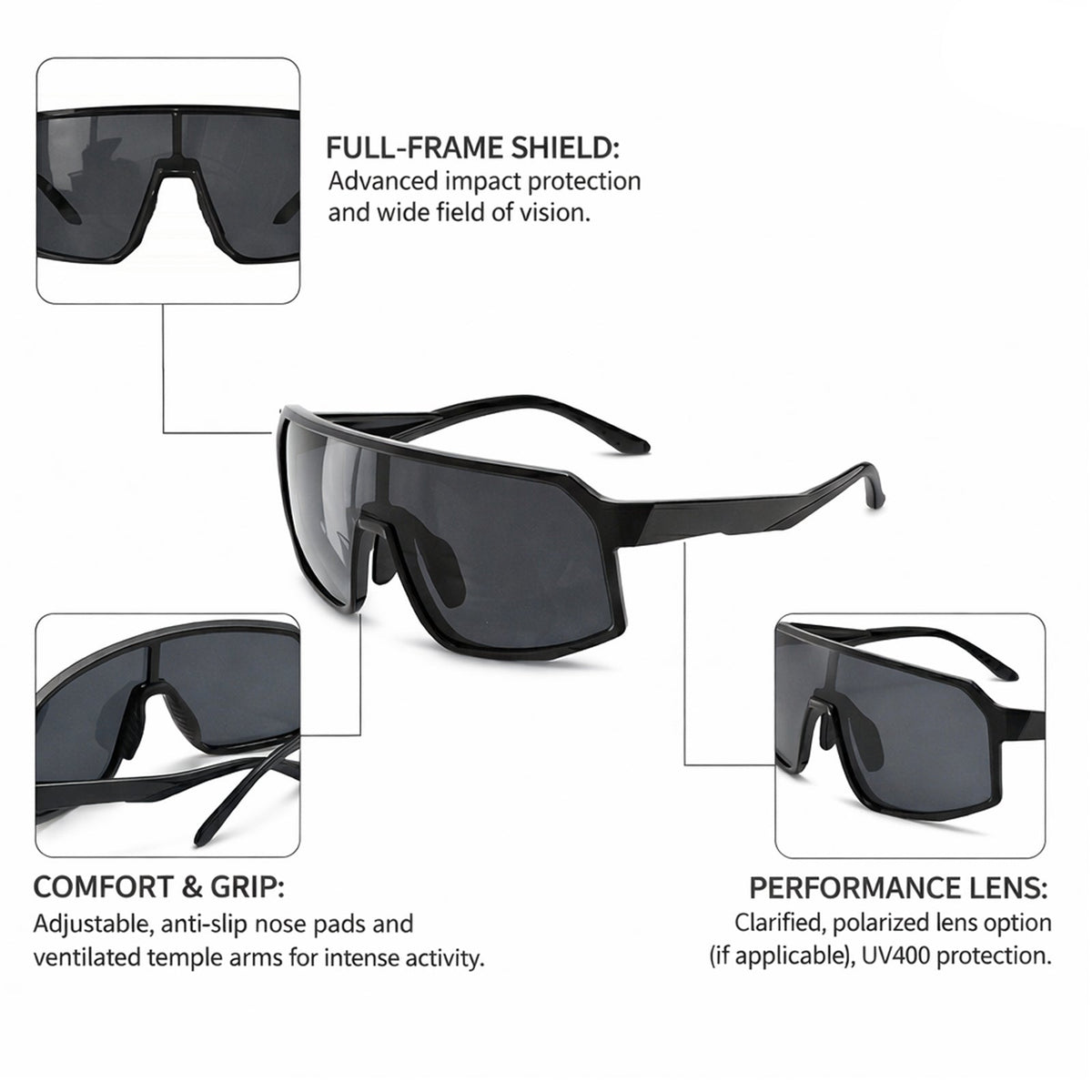 
Gafas de sol deportivas cuadradas de visión amplia con lentes polarizadas para actividades al aire libre