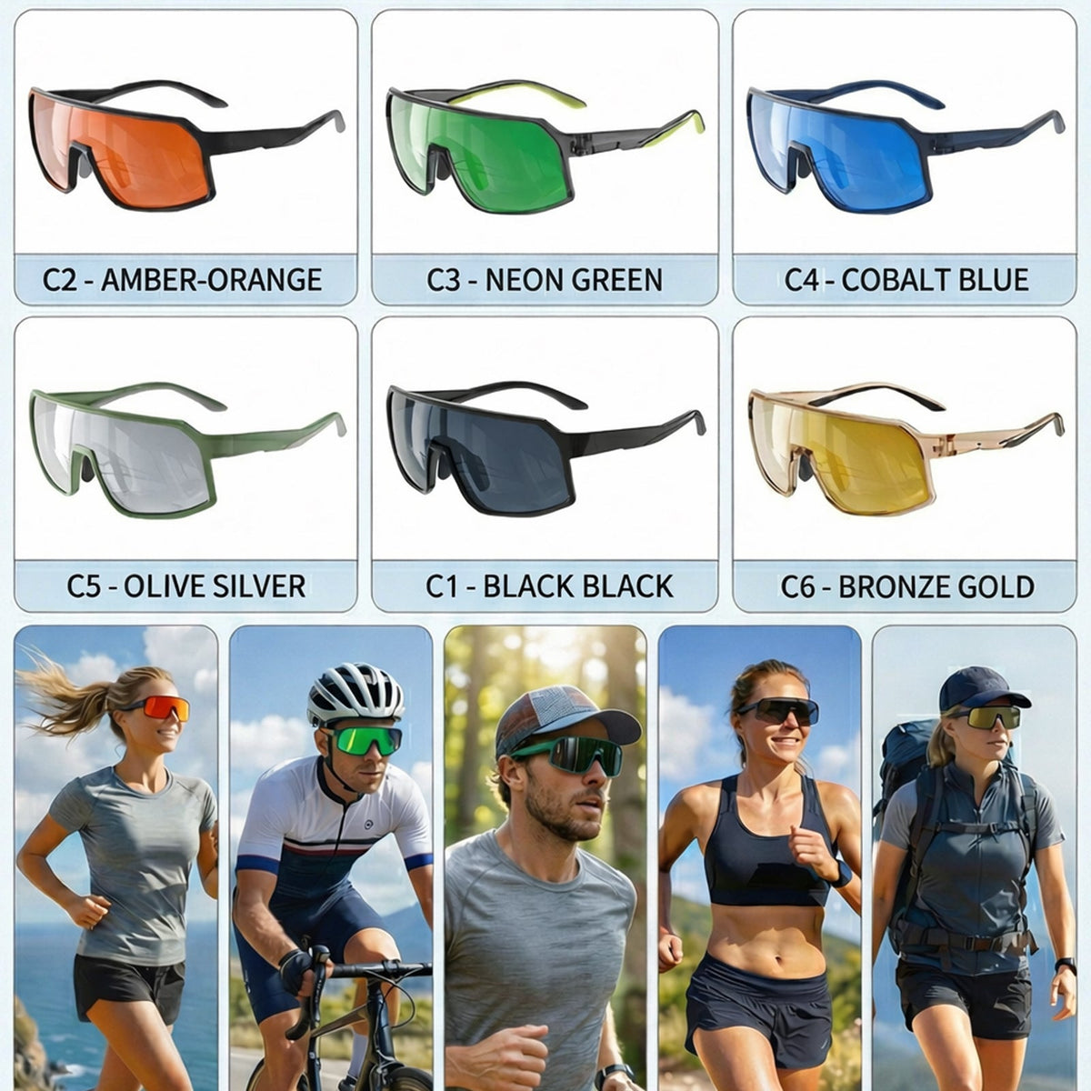 
Gafas de sol deportivas cuadradas de visión amplia con lentes polarizadas para actividades al aire libre