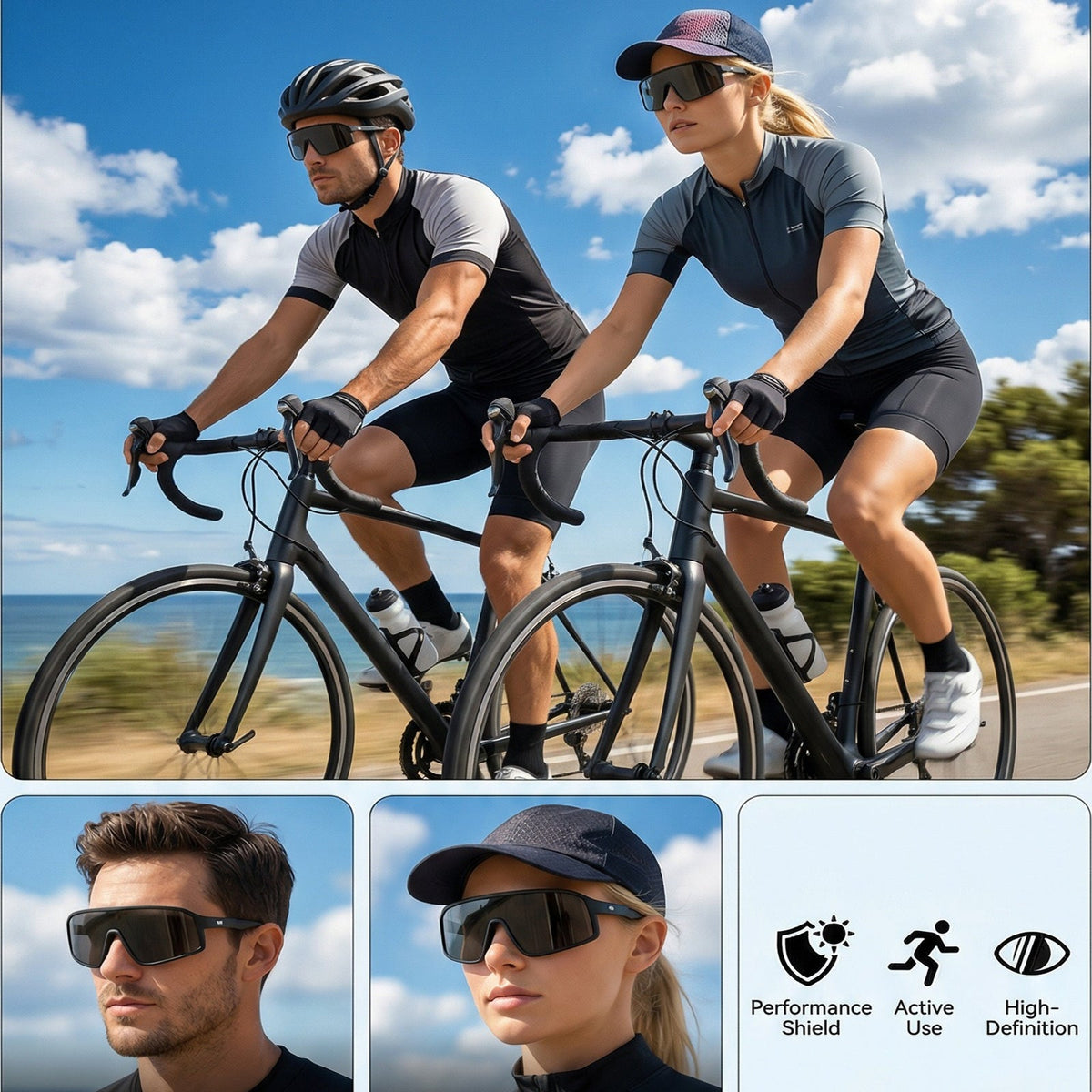 
Gafas de sol deportivas cuadradas de visión amplia con lentes polarizadas para actividades al aire libre