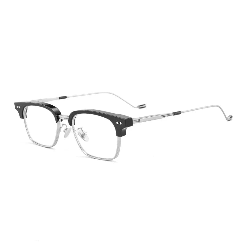 
Montura cuadrada de acetato transparente con medio aro - Negro-plateado