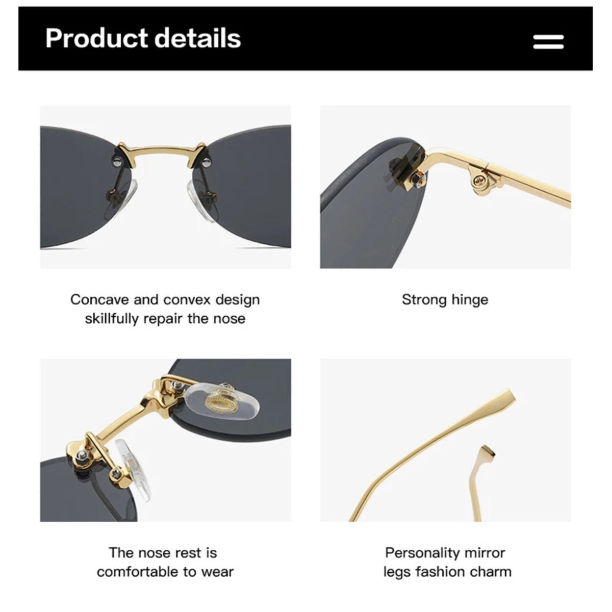 
Gafas de sol ovaladas sin montura de aleación con protección UV400