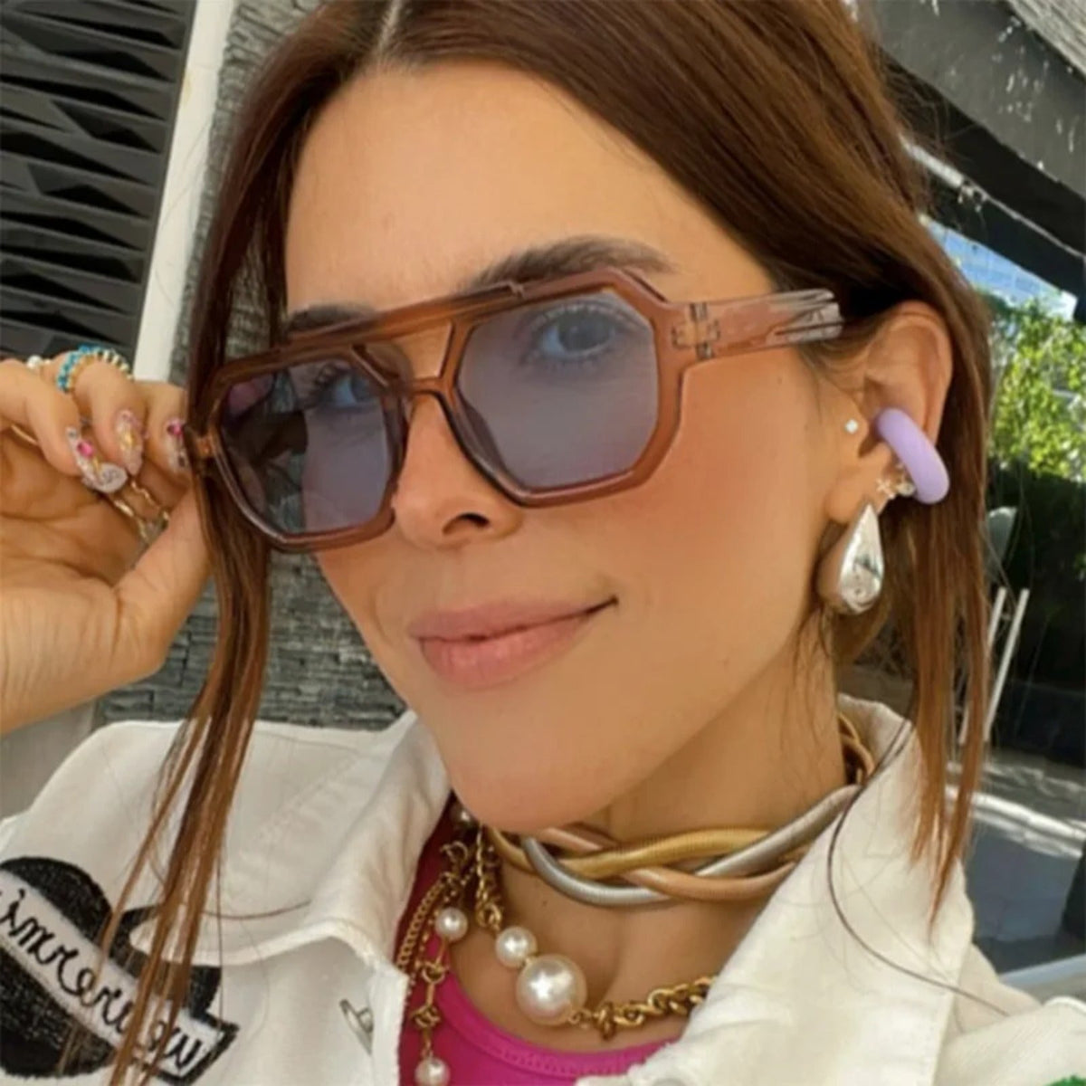 
Gafas de sol de polígono con doble puente de tortuga de plástico UV400 - Imagen 5