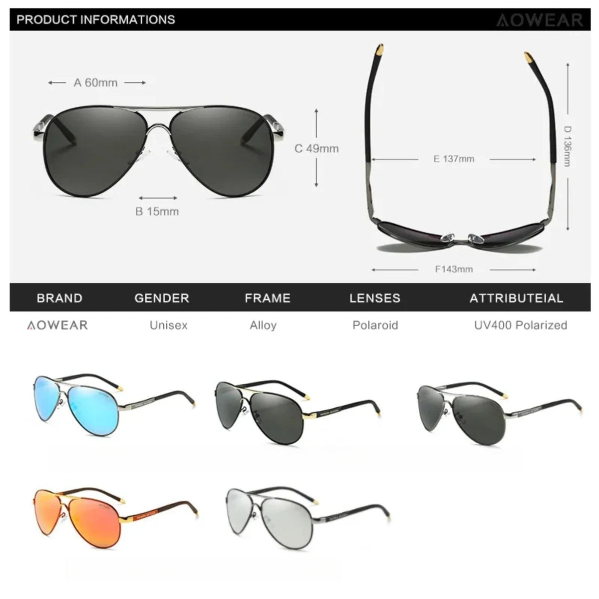 
Gafas de sol polarizadas de aleación estilo piloto con protección UV400