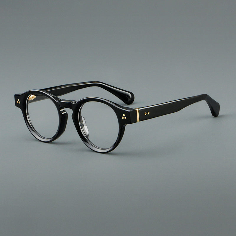 
Monturas de gafas vintage redondas de acetato con puente de cerradura y varillas anchas - Negro brillante
