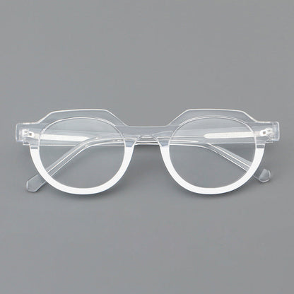 
Monturas de gafas geométricas tipo browline de acetato con lentes redondeadas y borde superior angular - Imagen 4