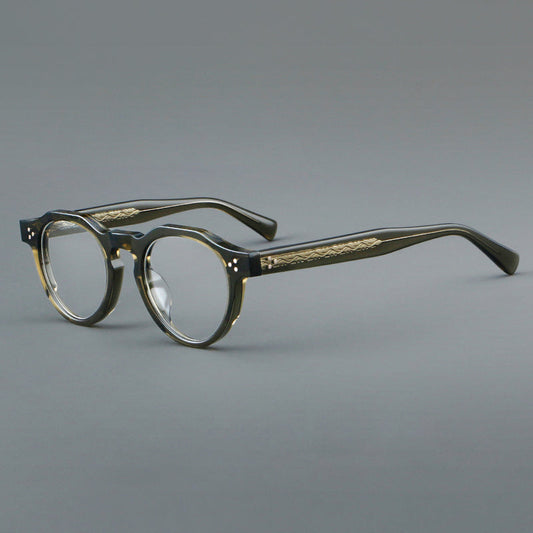 Montura de gafas vintage redondas de acetato con puente de cerradura y detalle de tres remaches