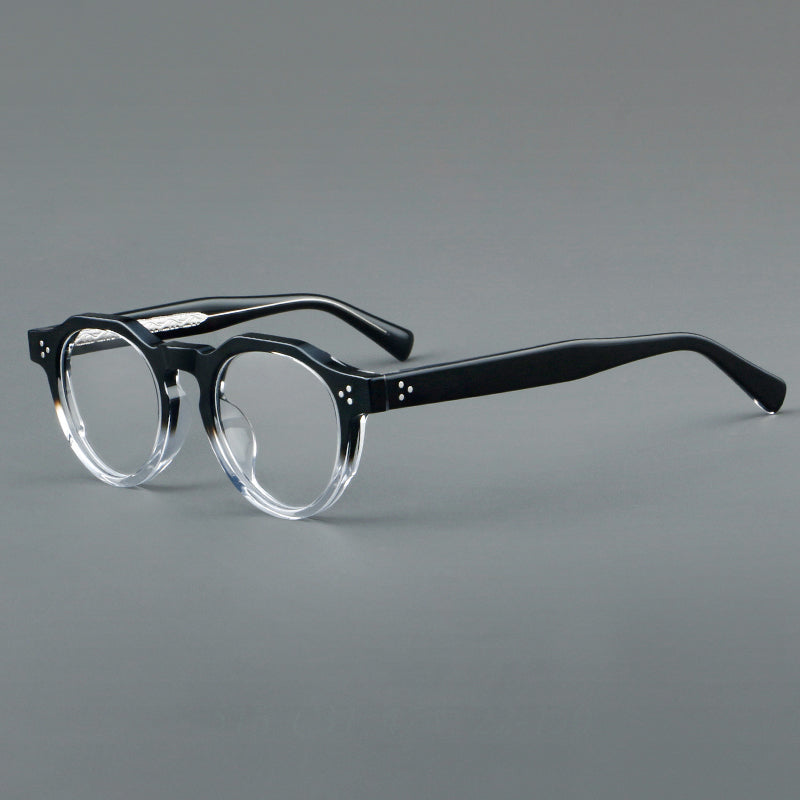 
Montura de gafas vintage redondas de acetato con puente de cerradura y detalle de tres remaches