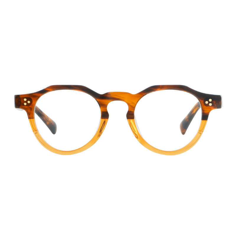 
Montura de gafas vintage redondas de acetato con puente de cerradura y detalle de tres remaches