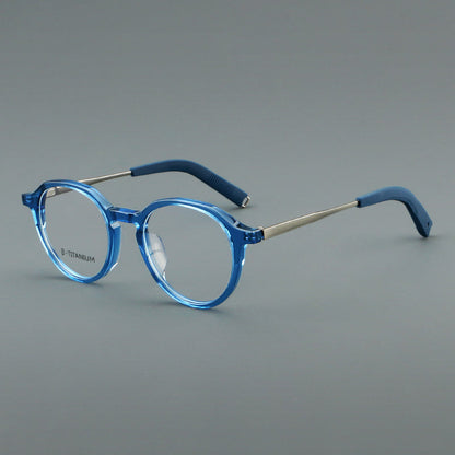 
Monturas de gafas redondas de aleación de titanio con borde superior esculpido y puente metálico - Imagen 8