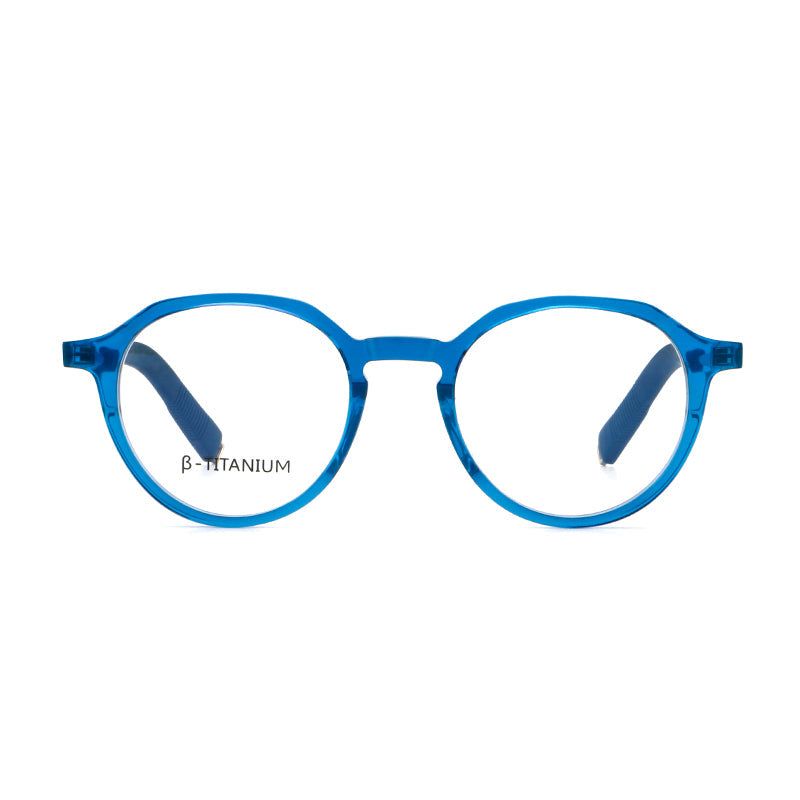 
Monturas de gafas redondas de aleación de titanio con borde superior esculpido y puente metálico