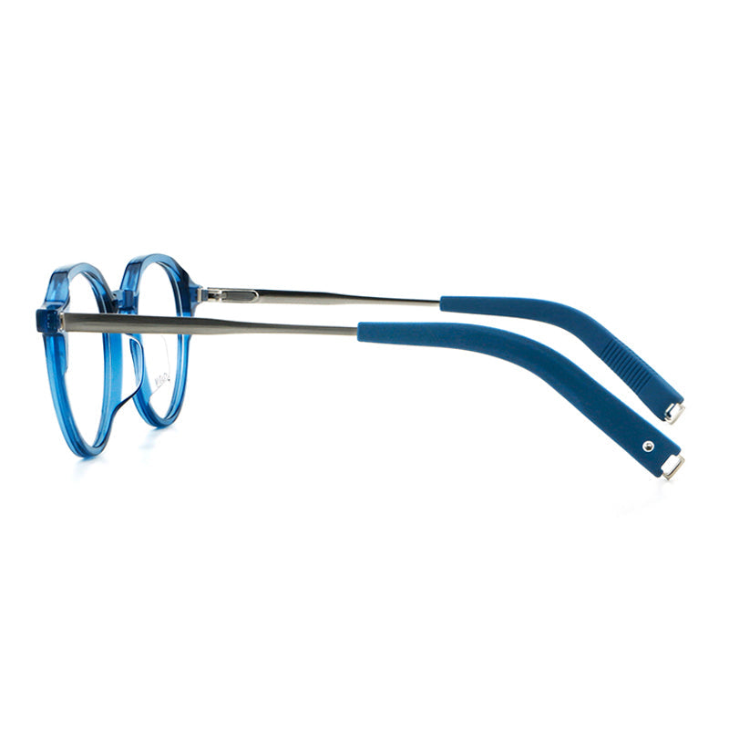 
Monturas de gafas redondas de aleación de titanio con borde superior esculpido y puente metálico
