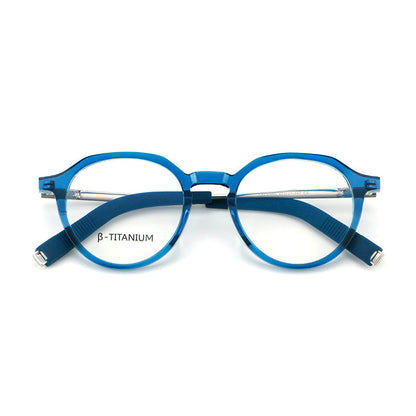 
Monturas de gafas redondas de aleación de titanio con borde superior esculpido y puente metálico - Imagen 11