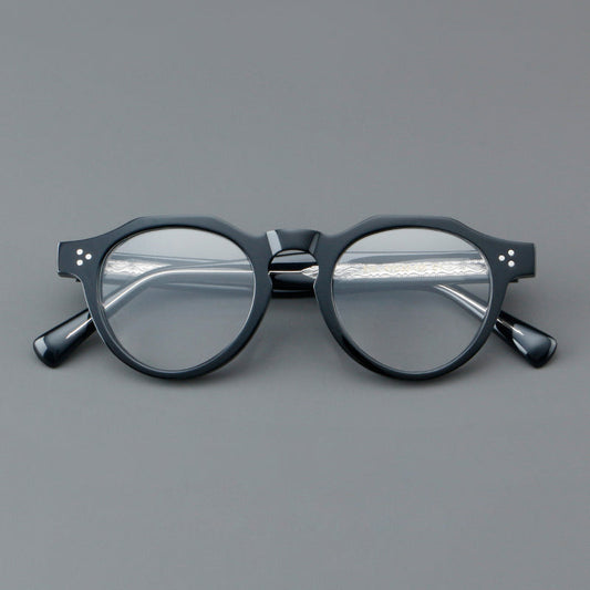 Monturas de gafas redondas retro de acetato con puente de cerradura elevado y remaches en las esquinas