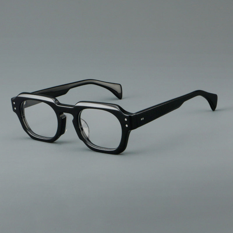 
Monturas de gafas retro cuadradas de acetato con bordes gruesos esculpidos y remaches en las esquinas