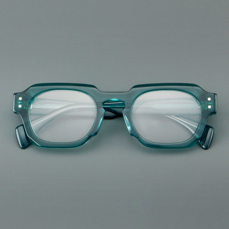 
Monturas de gafas retro cuadradas de acetato con bordes gruesos esculpidos y remaches en las esquinas
