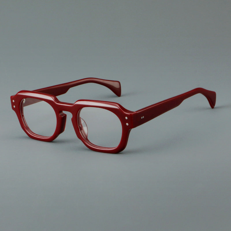 
Monturas de gafas retro cuadradas de acetato con bordes gruesos esculpidos y remaches en las esquinas - Borgoña