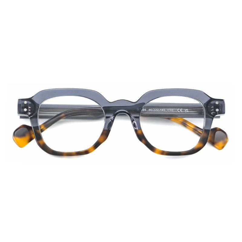 
Monturas de gafas geométricas cuadradas de acetato con línea superior escalonada y detalles de remaches