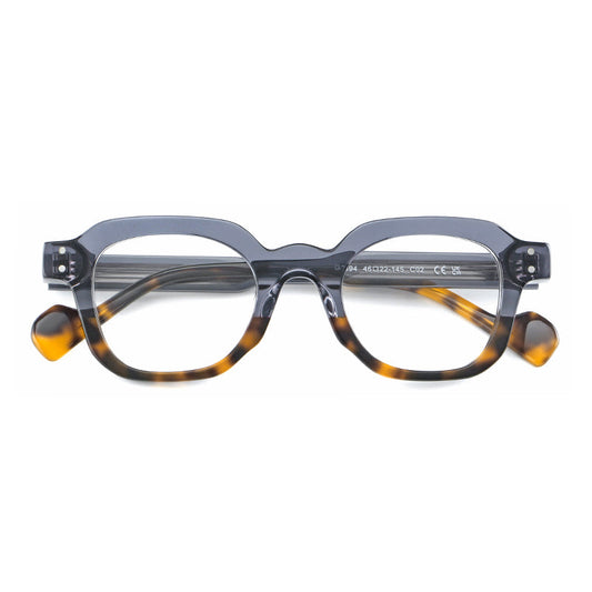 Monturas de gafas geométricas cuadradas de acetato con línea superior escalonada y detalles de remaches