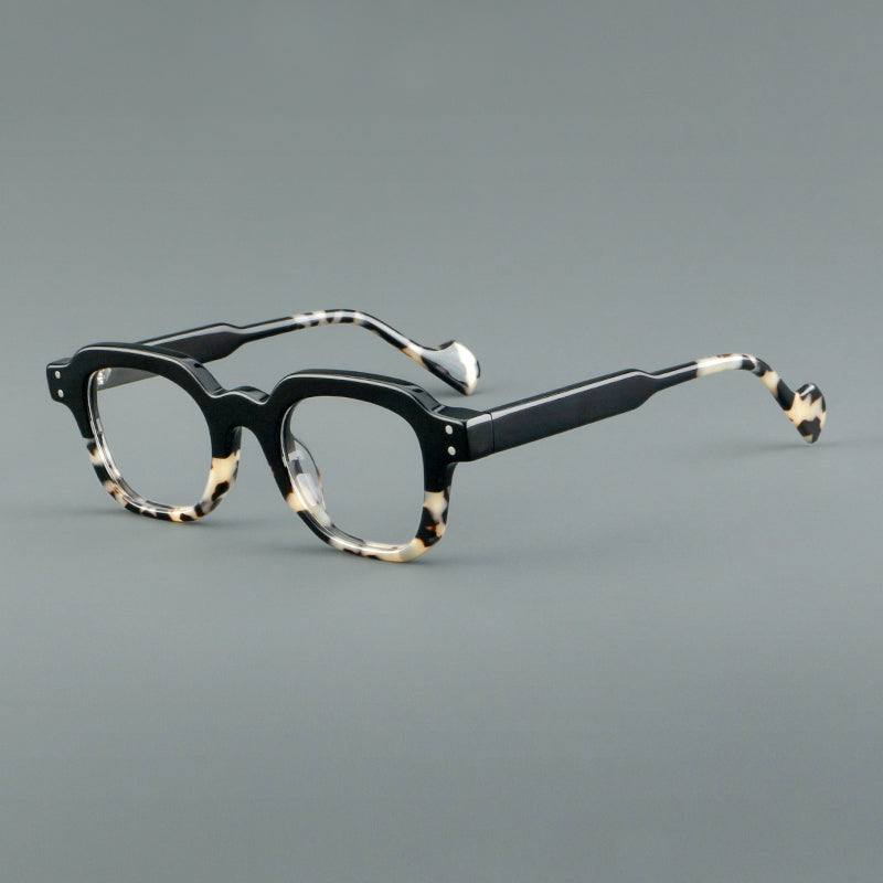 
Monturas de gafas geométricas cuadradas de acetato con línea superior escalonada y detalles de remaches - Negro y carey gris