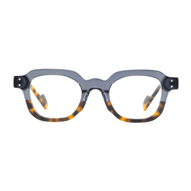 
Monturas de gafas geométricas cuadradas de acetato con línea superior escalonada y detalles de remaches