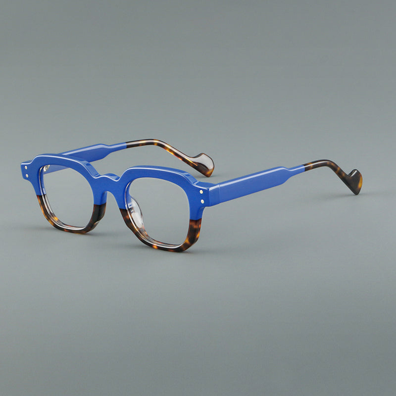 
Monturas de gafas geométricas cuadradas de acetato con línea superior escalonada y detalles de remaches - Azul y carey