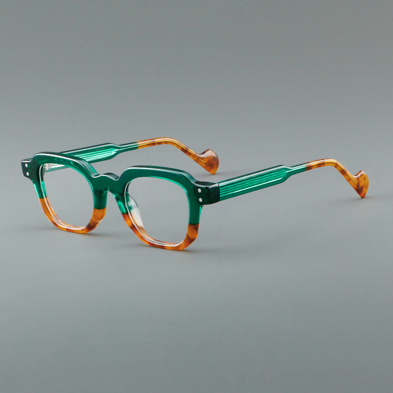 
Monturas de gafas geométricas cuadradas de acetato con línea superior escalonada y detalles de remaches