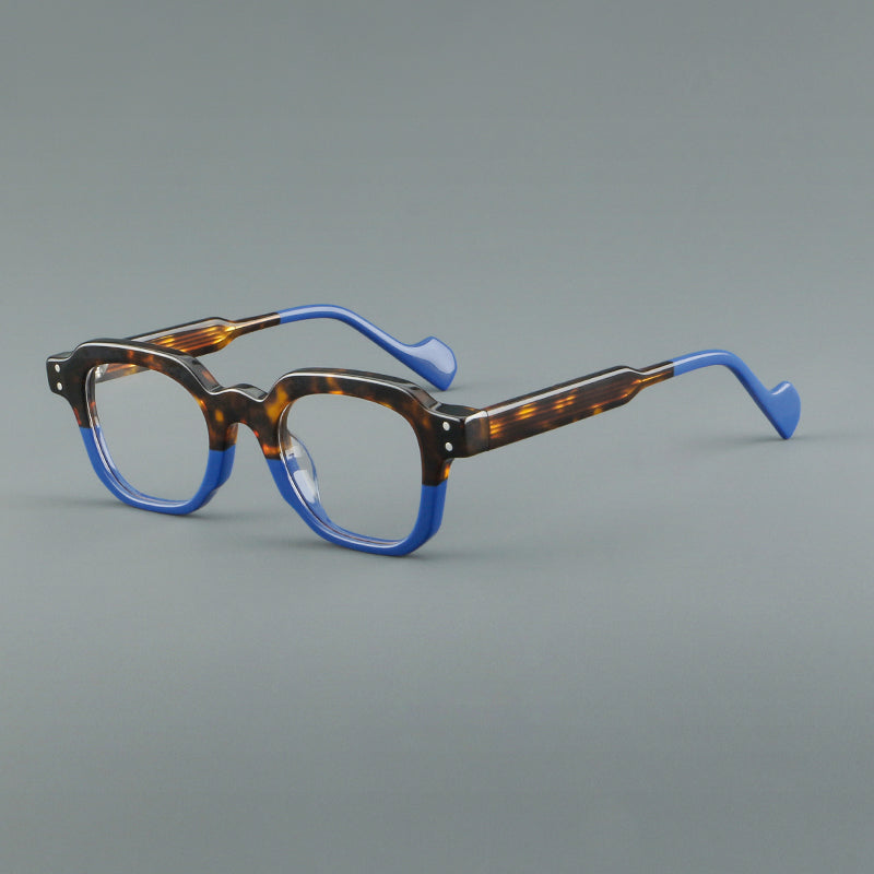 
Monturas de gafas geométricas cuadradas de acetato con línea superior escalonada y detalles de remaches - Carey y Azul