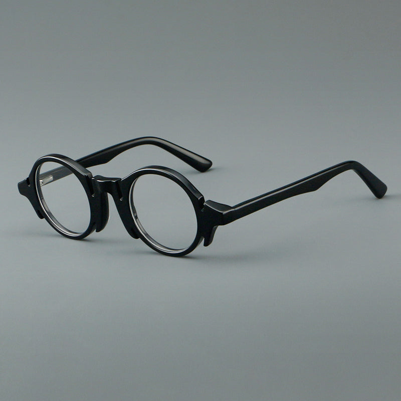 
Montura de gafas redondas de acetato con efecto de madera, frente esculpido y patillas moldeadas