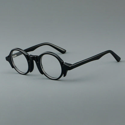 
Montura de gafas redondas de acetato con efecto de madera, frente esculpido y patillas moldeadas