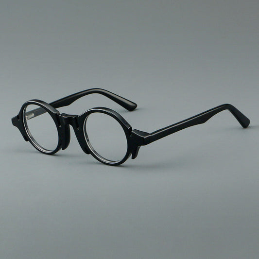 Montura de gafas redondas de acetato con efecto de madera, frente esculpido y patillas moldeadas